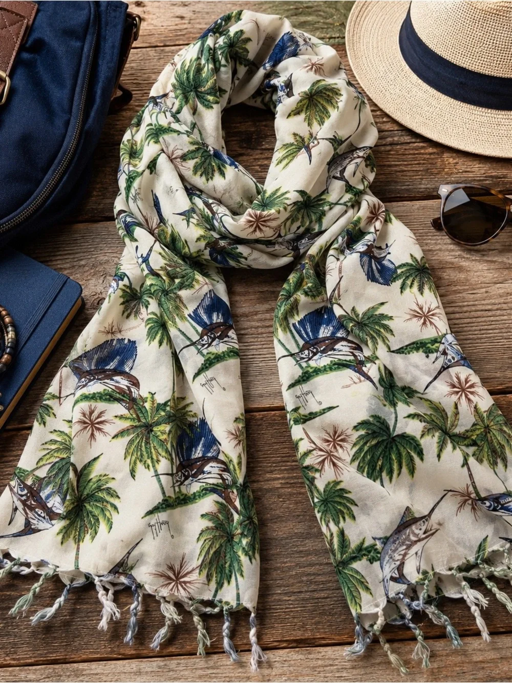 Guy Harvey 100% Rayon Tropical Marlin Palm Tree Fringe Scarf Wrap 40x62